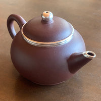 Lao Zini Small Shuiping Yixing Teapot with Pure Silver Rim 包银老紫泥小水平, 80mL